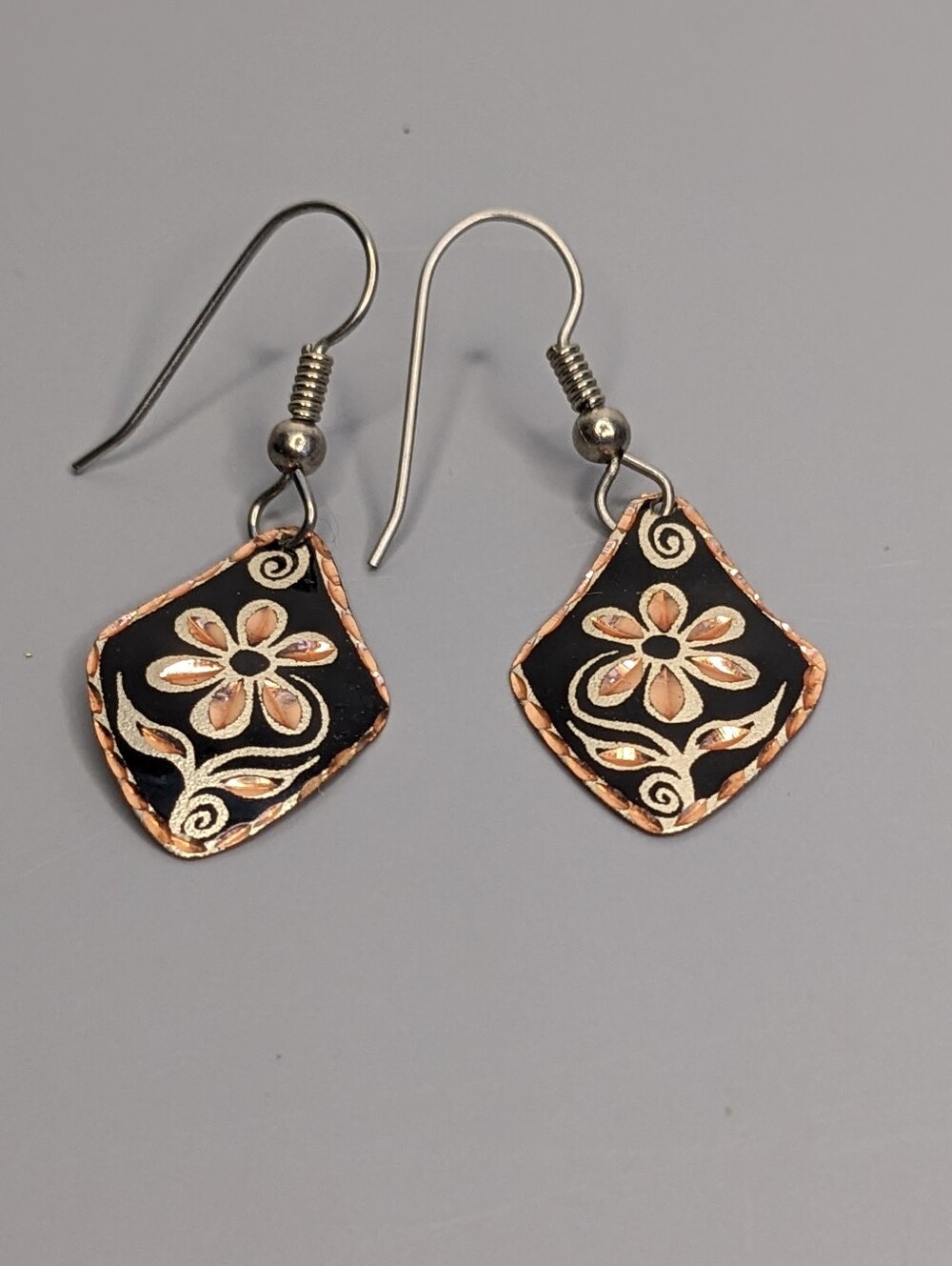Black Floral Diamond Drop Earrings Boho Artisan Style Lightweight Modern Chic